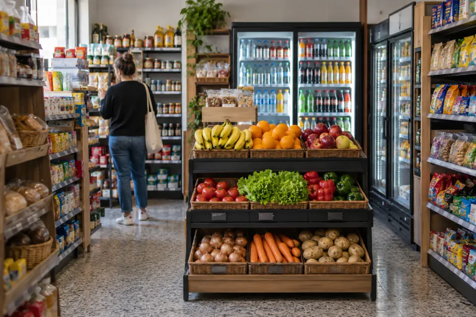 Interior de un autoservicio con góndolas, heladeras de bebidas y un exhibidor de frutas y verduras