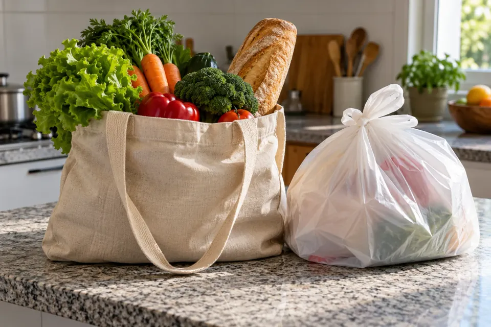 Bolsa de tela con compras junto a una bolsa plástica