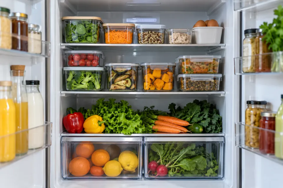 Heladera ordenada con táperes y verduras
