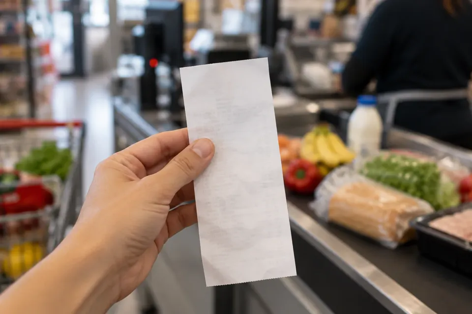 Mano con un ticket frente a una caja de supermercado