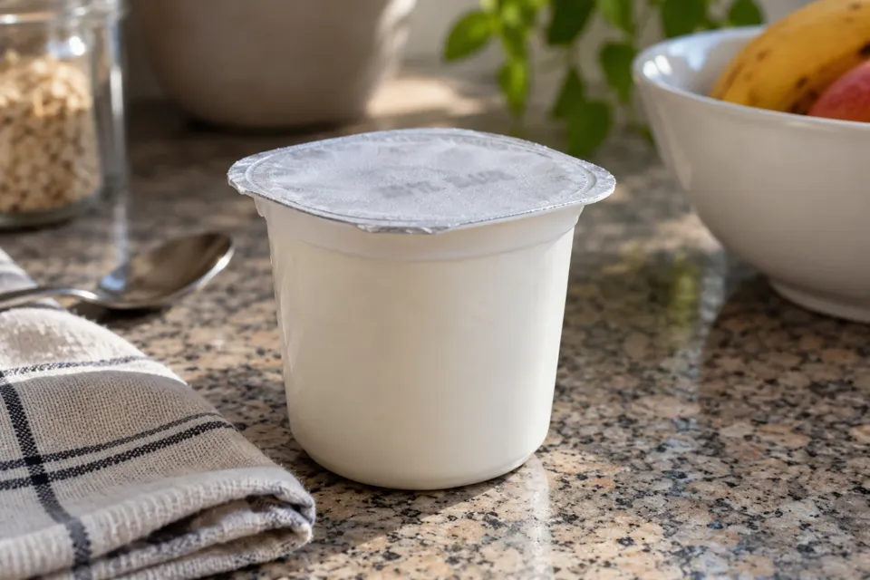 Envase de yogur liso sobre la mesada de una cocina