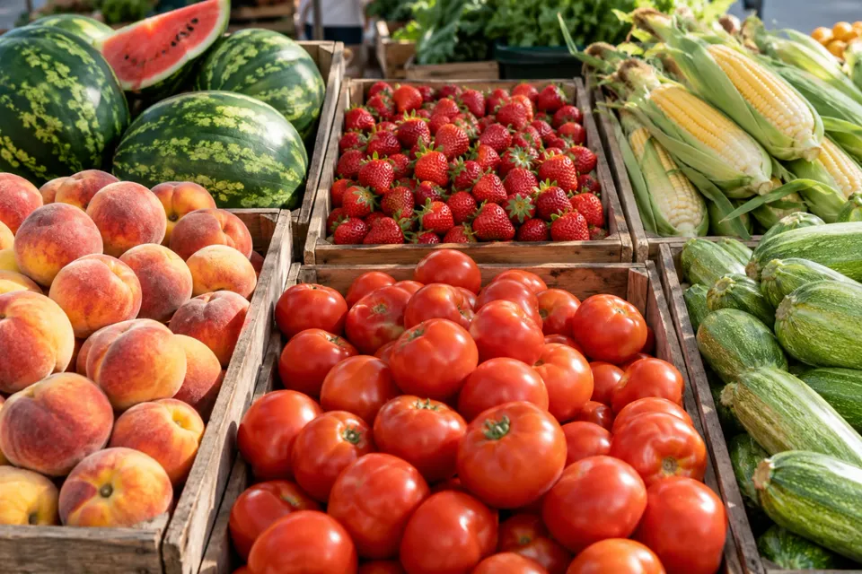 Cajones con frutas y verduras de primavera y verano