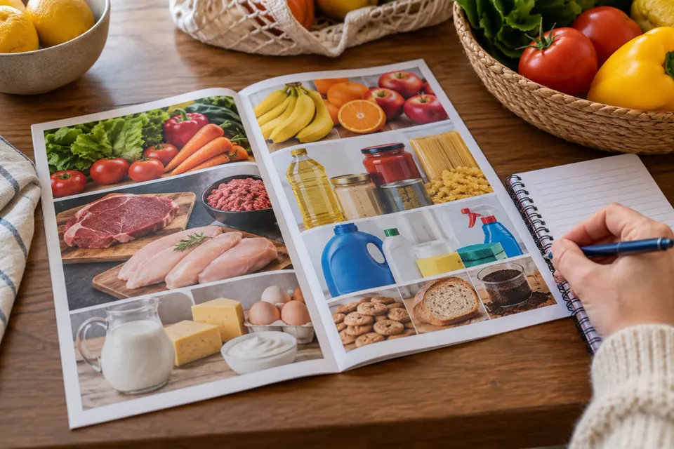 Folleto de ofertas sobre una mesa junto a una lista