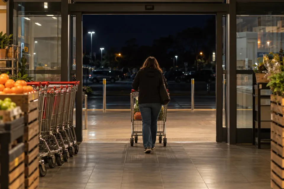 Persona de espaldas con un carrito en la entrada de un supermercado de noche