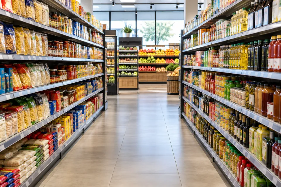 Pasillo de supermercado vacío e iluminado