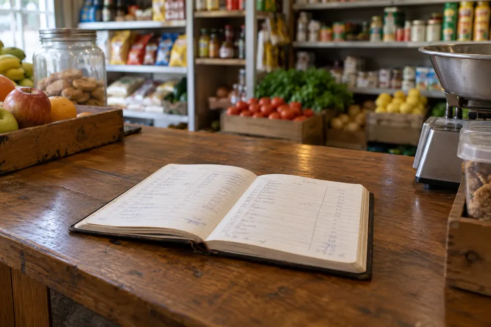 Libreta abierta sobre el mostrador de madera de un almacén