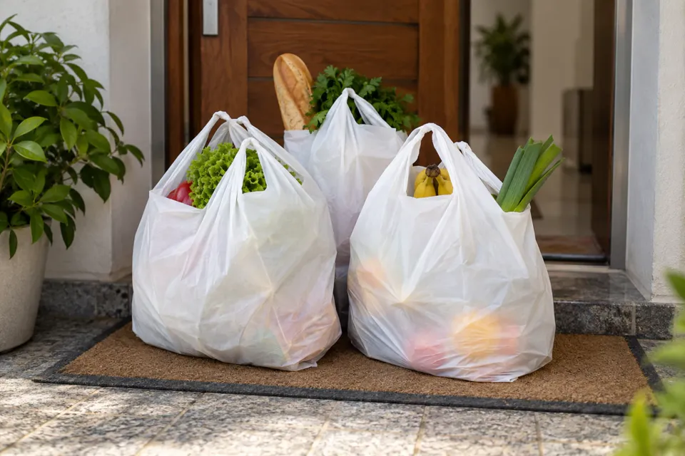 Bolsas de compras en la puerta de un apartamento