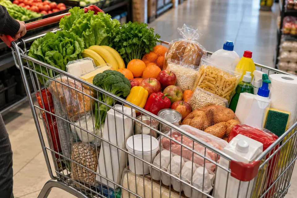 Carrito de supermercado lleno de frutas, verduras, pan, lácteos, huevos y productos de limpieza