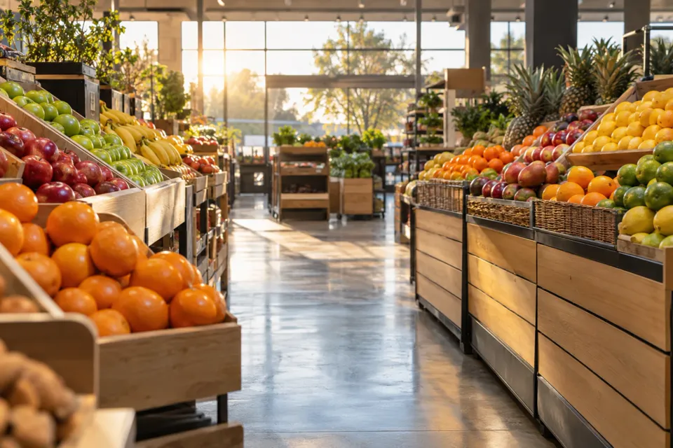 Pasillo de frutas de un supermercado vacío, con el sol entrando por los ventanales del fondo