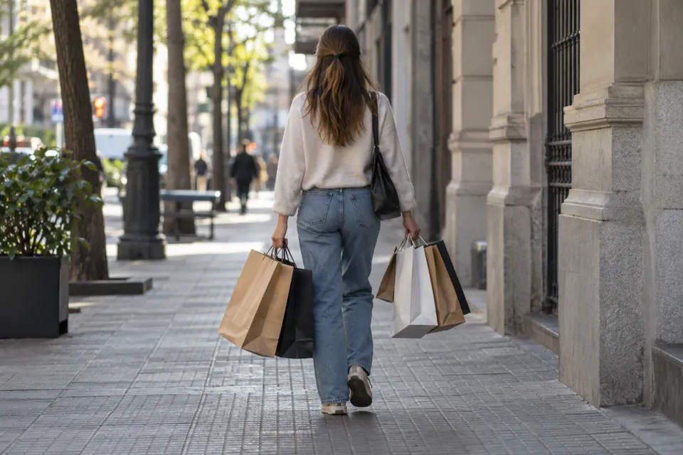 Persona de espaldas caminando por una vereda con bolsas de compras