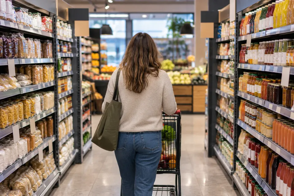 Persona de espaldas con una bolsa recorriendo un pasillo de supermercado