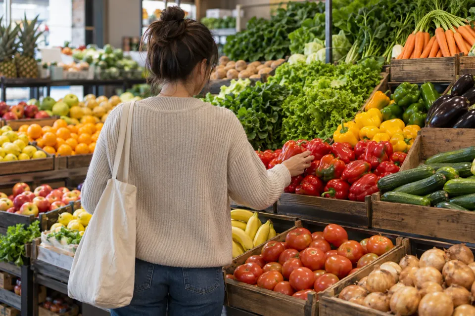 Persona de espaldas eligiendo verduras en la verdulería de un supermercado