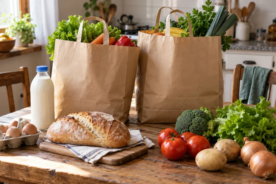 Bolsas de compras sobre la mesa de la cocina