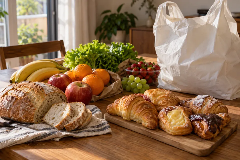 Pan, facturas, frutas y una bolsa de compras sobre una mesa de madera