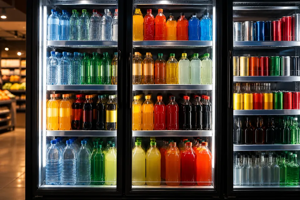 Heladera de bebidas iluminada con botellas y latas