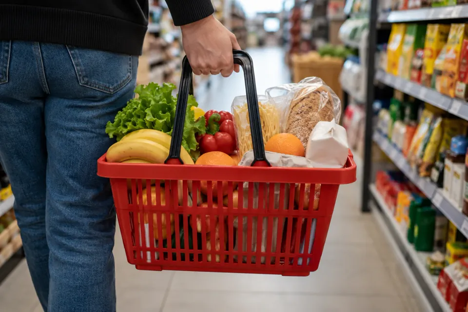 Canasta roja de compras con frutas, verduras, pan y pasta en un pasillo con góndolas