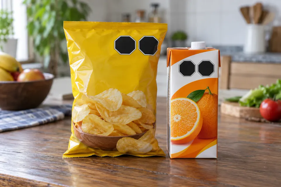 Dos envases con octógonos negros sobre una mesa