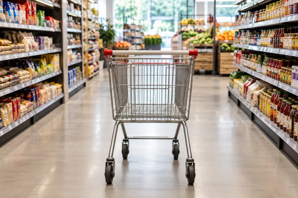 Carrito vacío en un pasillo de supermercado