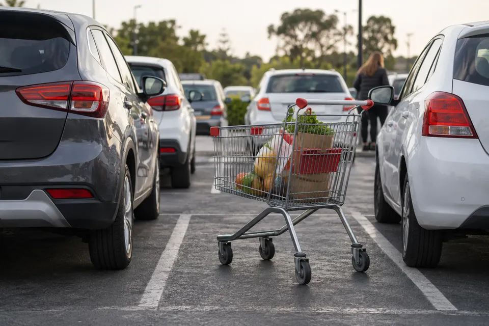 Estacionamiento de supermercado con autos y un carrito