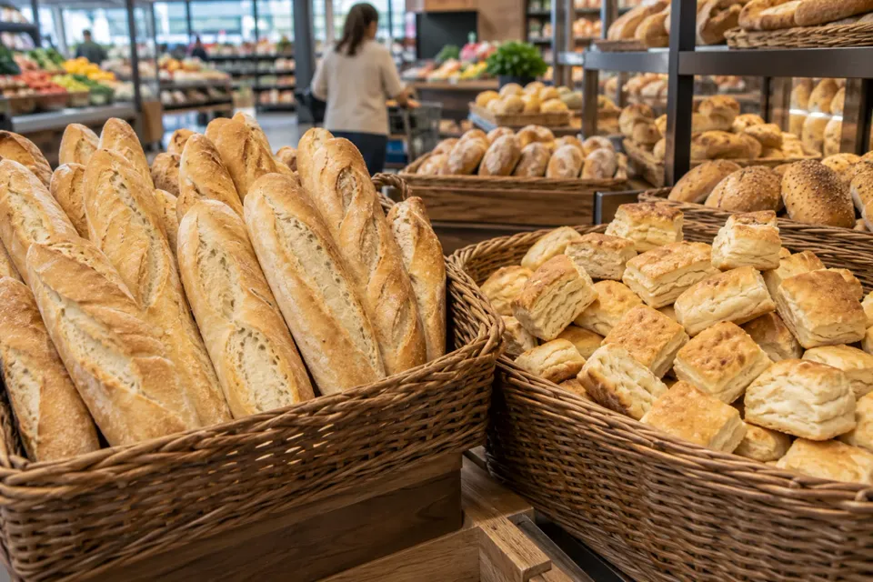 Panadería de supermercado con pan y bizcochos