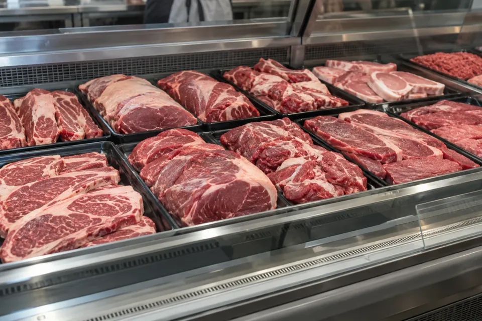 Vitrina de carnicería de supermercado con cortes en bandejas