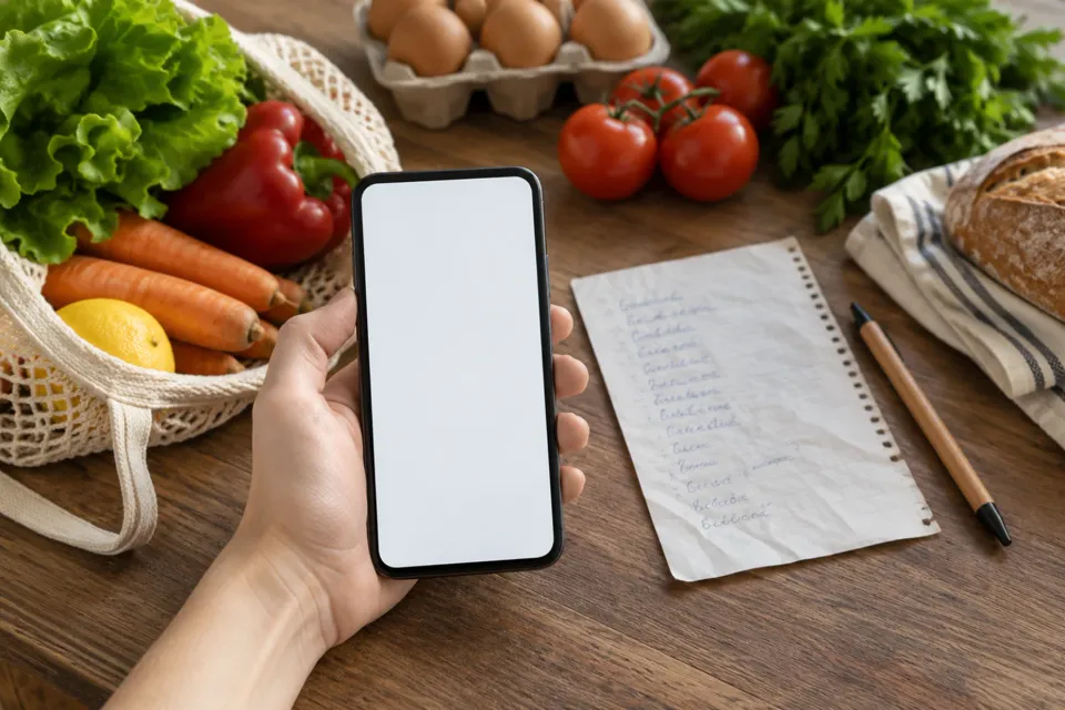 Celular y lista de compras escrita a mano